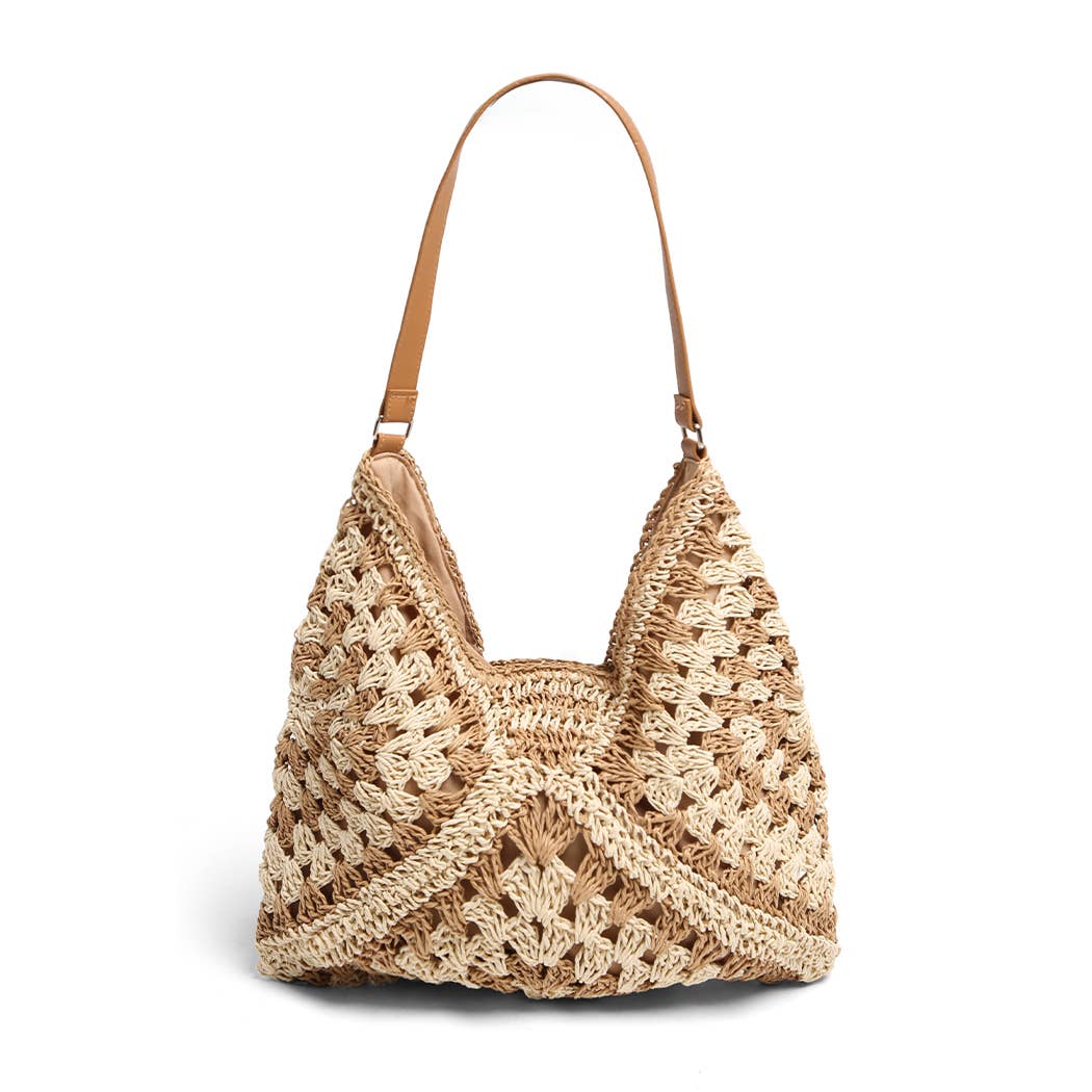 Two-Toned Pattern Design Straw Shoulder Bag