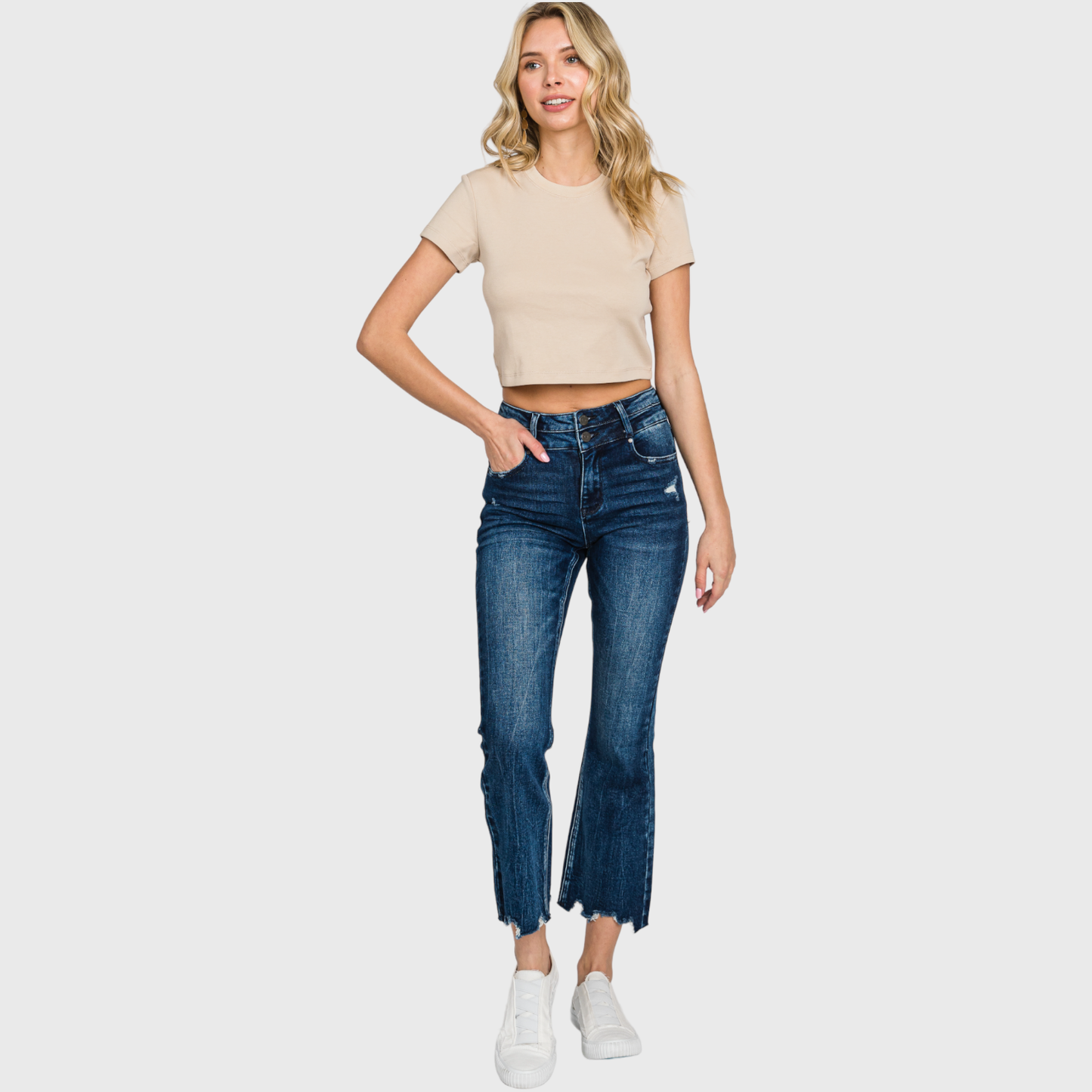 HIGH RISE CROP BOOTCUT JEANS W/ FRAYED HEM
