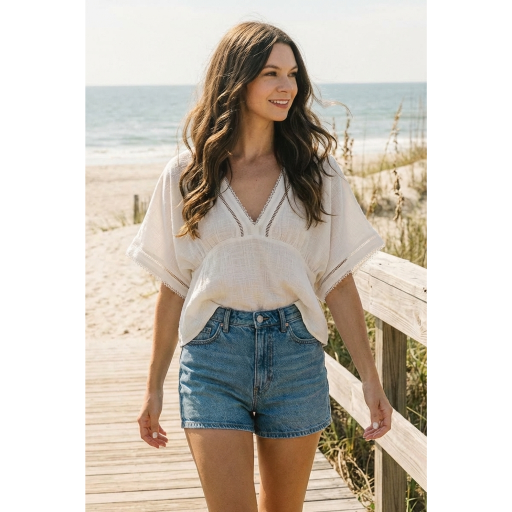 Boho Chic Eyelet Trim Blouse