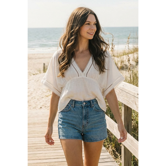 Boho Chic Eyelet Trim Blouse