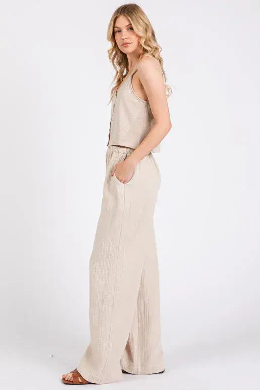 Gauze Waist Elastic Wide Leg Pants - NP70166B