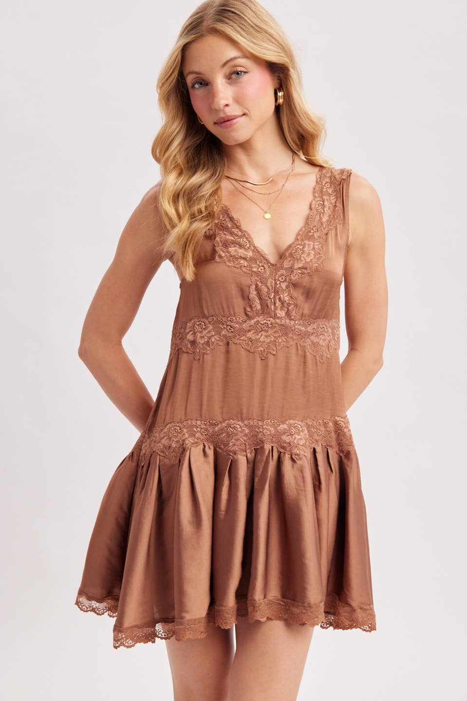 SATIN SLIP V-NECK LACE TRIMMED BABYDOLL MINI DRESS