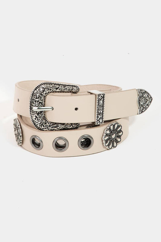 Western Etched Buckle Faux Leather Belt