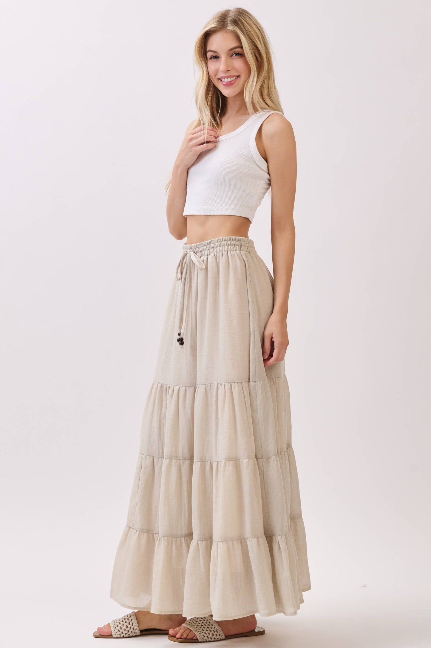 Tiered Coconut Tie Detail Maxi Skirt - VS3009