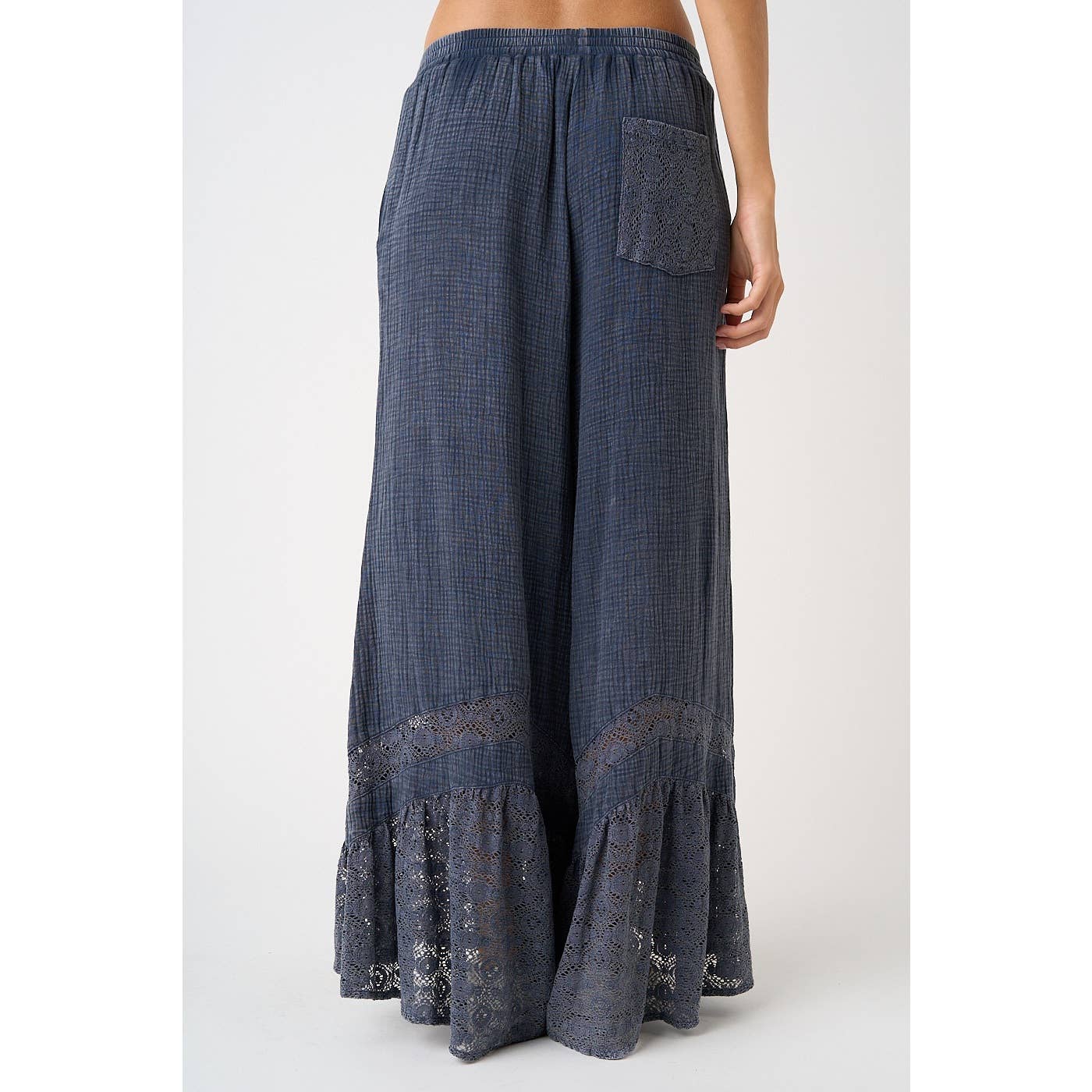 LACE RUFFLE HEM ELASTIC WAIST WIDE LEG PANTS