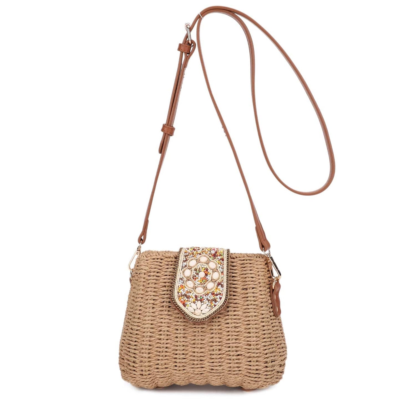 Straw Crossbody Bag Beaded Buckle