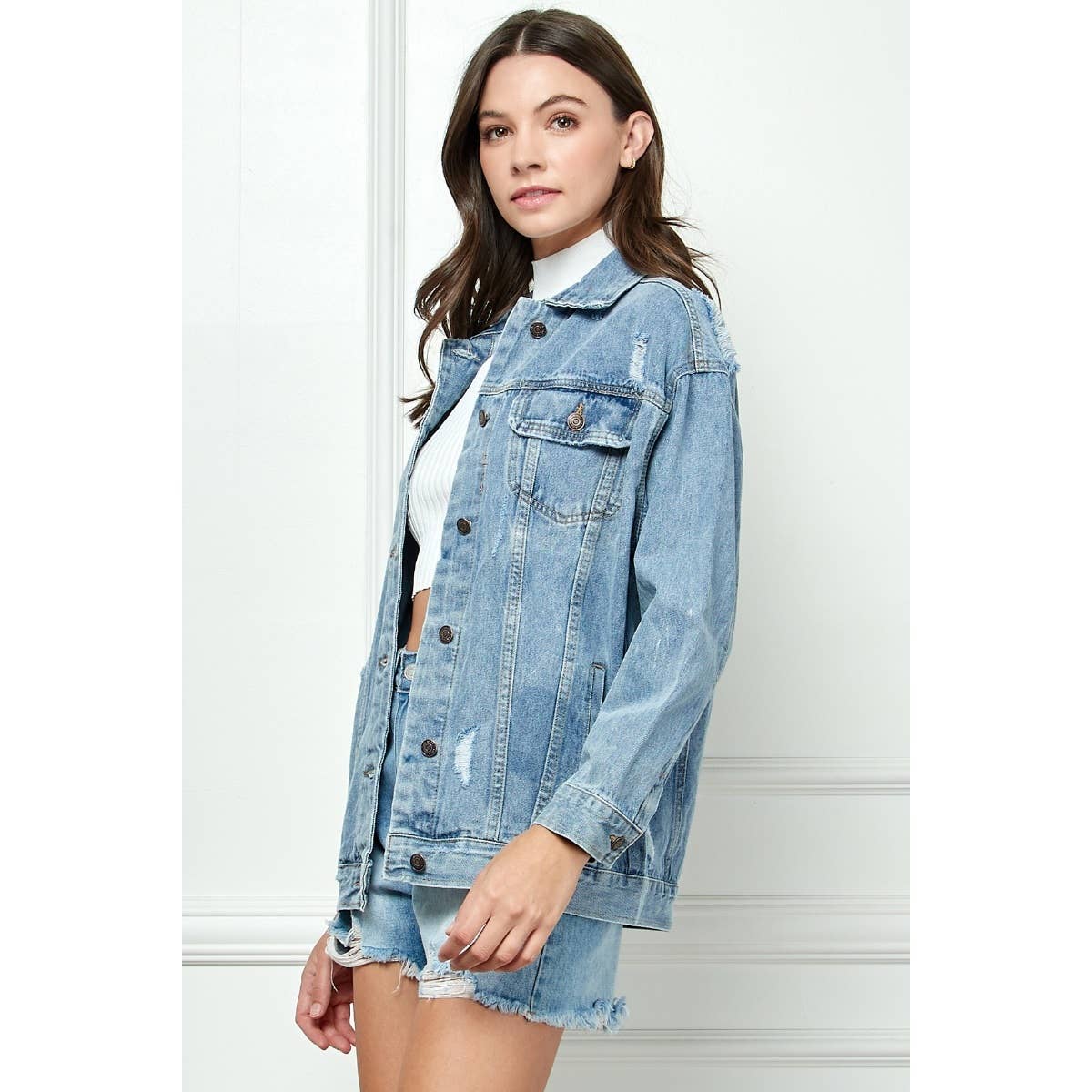 Med Wash Distressed Classic Denim Jacket