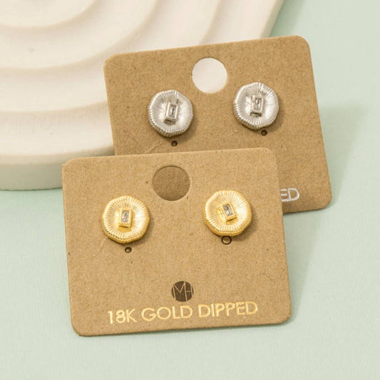 Gold Dipped Circle Baguette Rhinestone Stud Earrings
