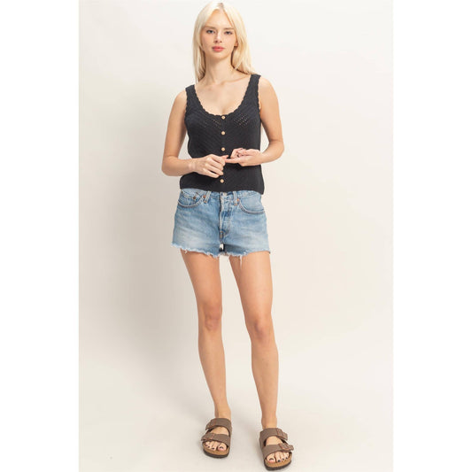 Open Knit Scallop Edge Button Front Tank