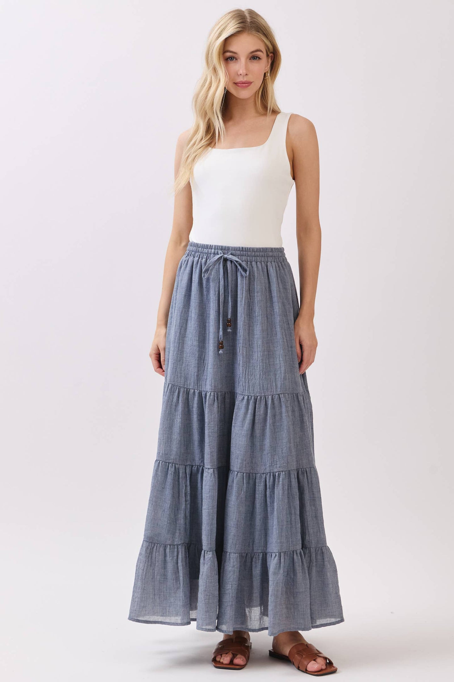 Tiered Coconut Tie Detail Maxi Skirt - VS3009