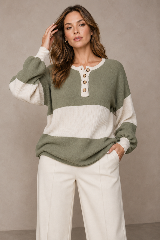 Colorblock Henley Knit Top