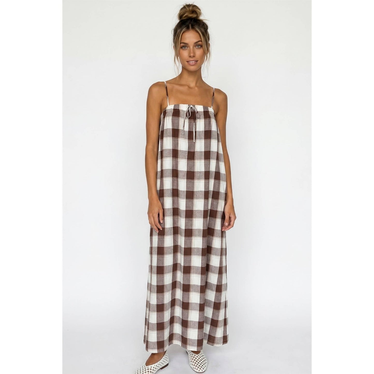 Plaid maxi dress with tie front