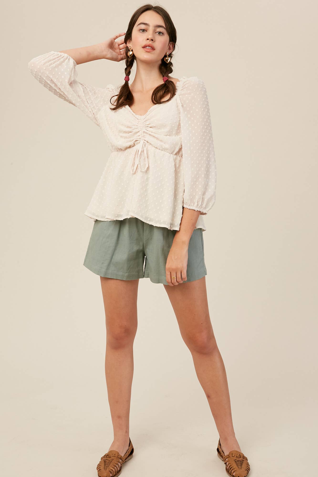 Swiss Dot Ruched Peplum Blouse