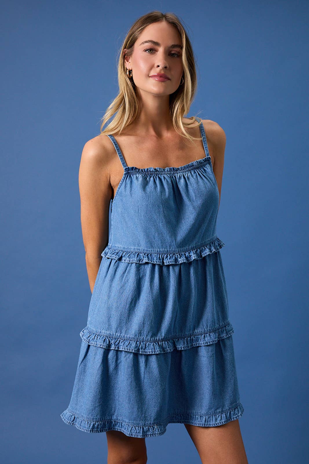 RUFFLE DETAIL DENIM MINI DRESS
