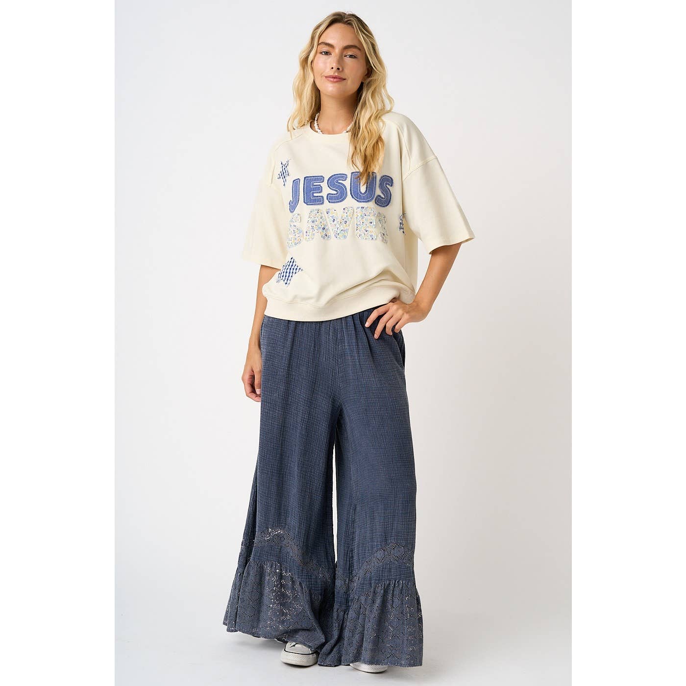 LACE RUFFLE HEM ELASTIC WAIST WIDE LEG PANTS