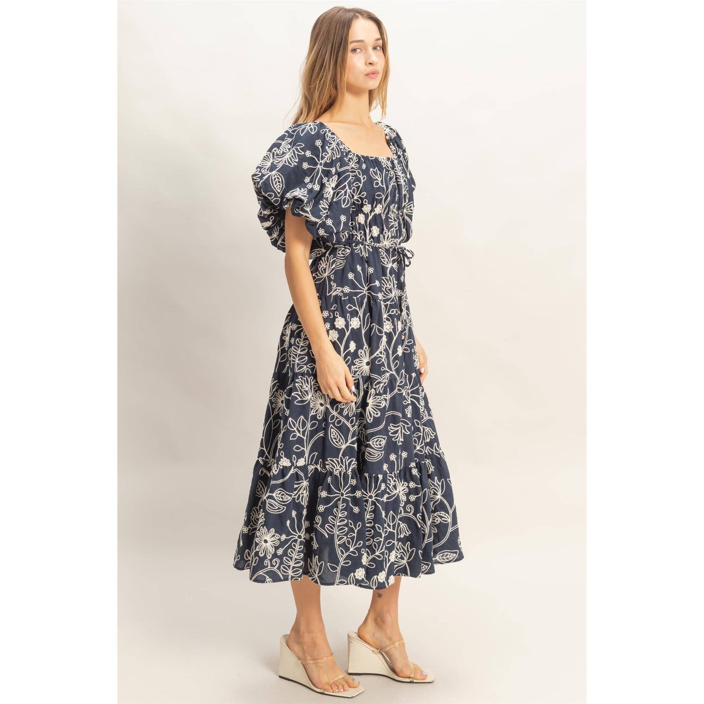 Floral Puff Sleeve Midi Dress: LIGHT BROWN / S-M-L(2-2-2)