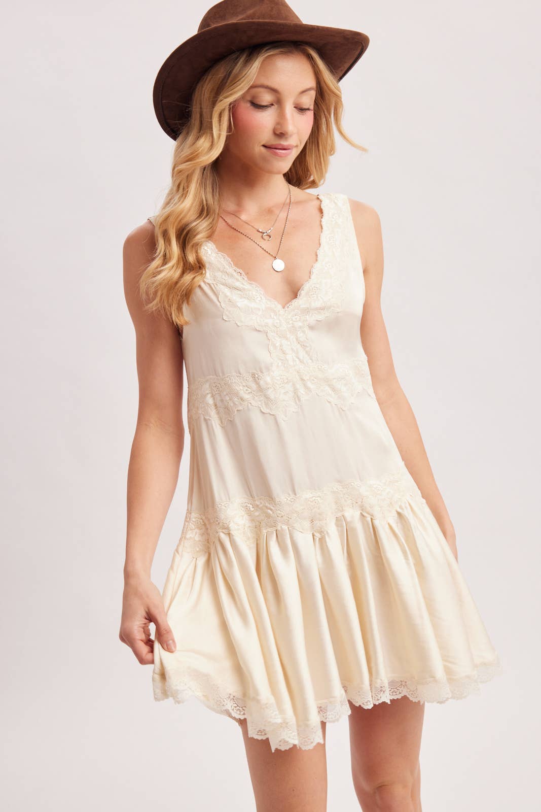 SATIN SLIP V-NECK LACE TRIMMED BABYDOLL MINI DRESS