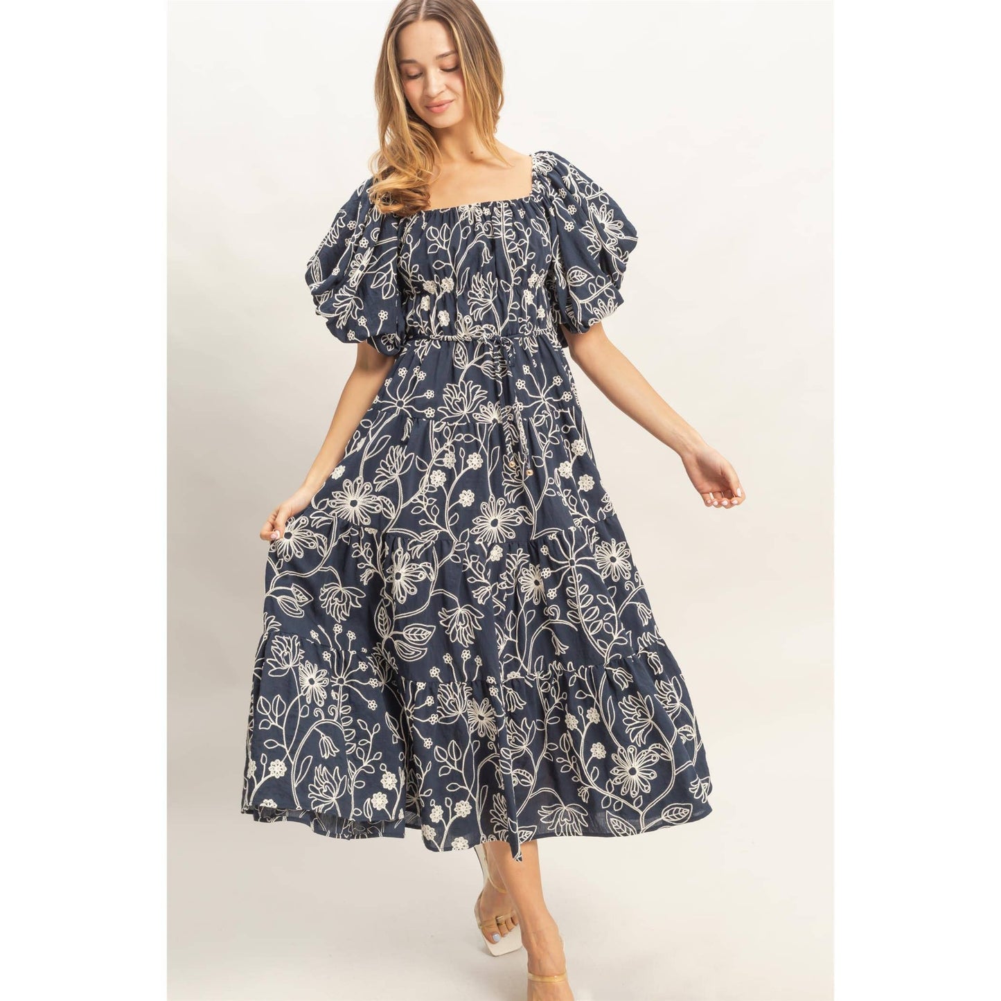 Floral Puff Sleeve Midi Dress: LIGHT BROWN / S-M-L(2-2-2)