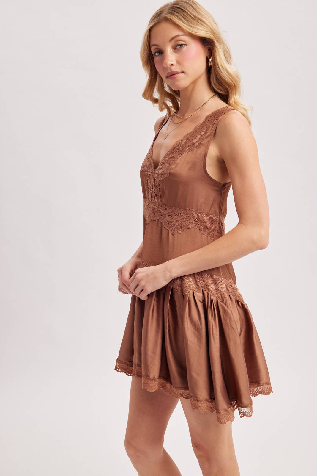 SATIN SLIP V-NECK LACE TRIMMED BABYDOLL MINI DRESS