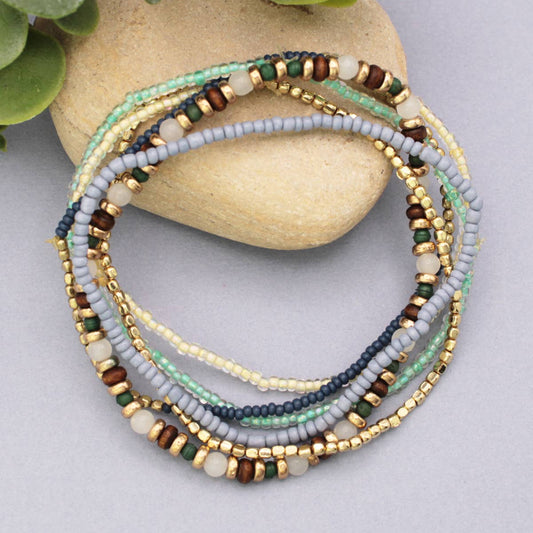 Cream Blue Green Stretch Bracelets Set