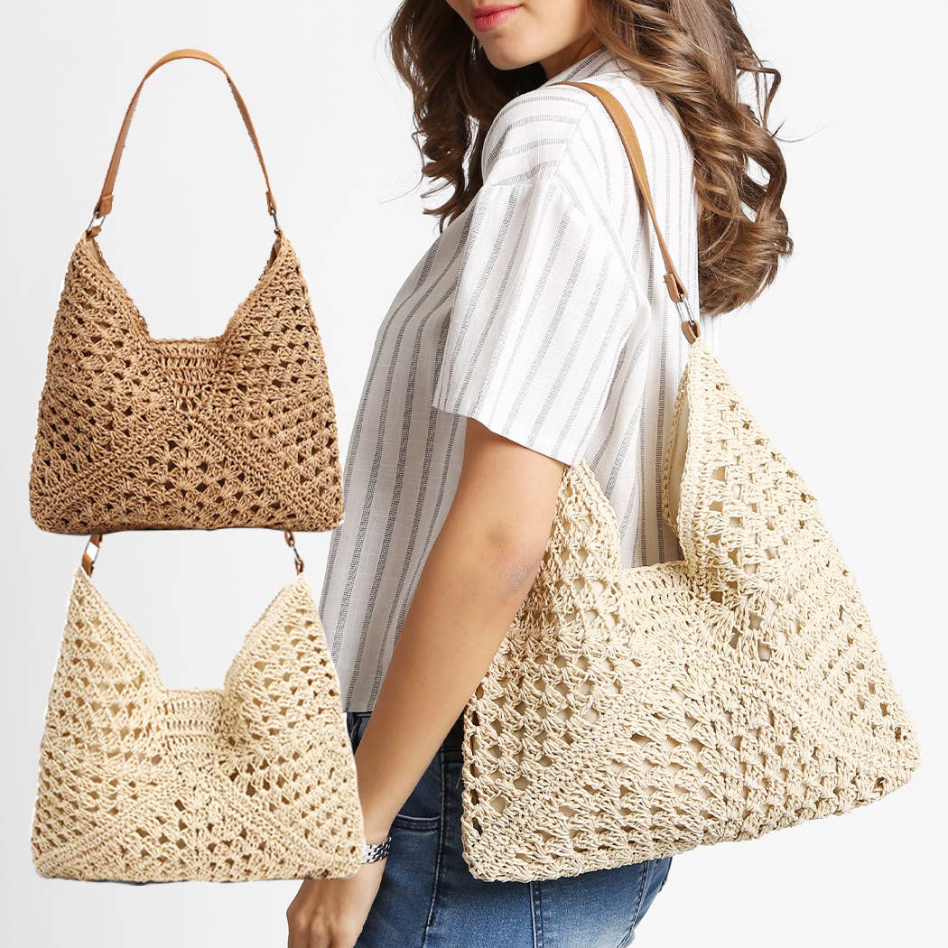 Triangular Pattern Straw Shoulder Bag