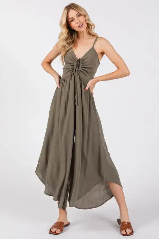 Woven Solid Front Ruched Midi Jumpsuit