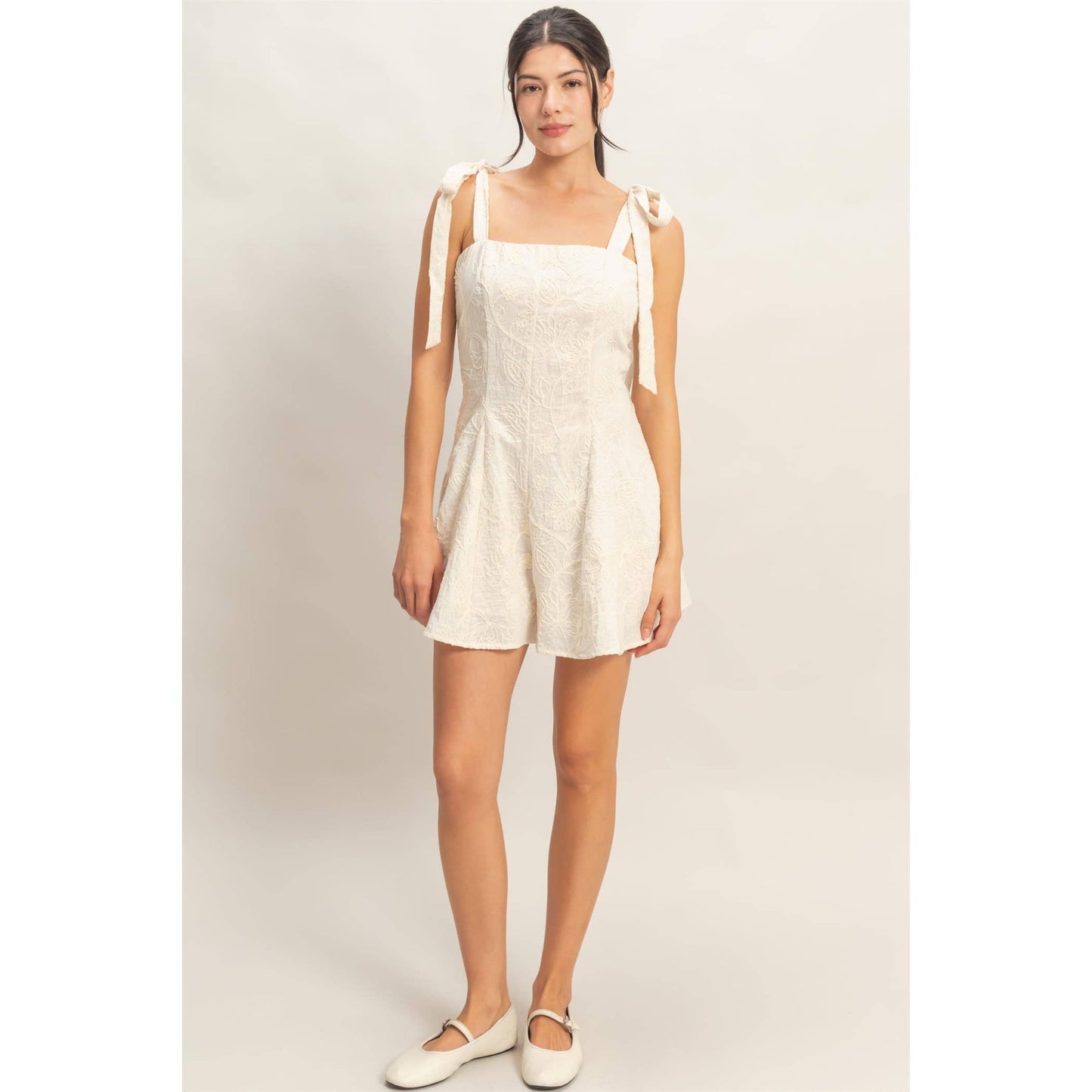 Floral Embroidery Tie-Strap Romper