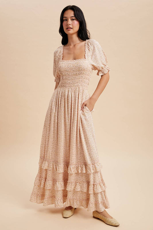SMOCKED FLORAL MAXI DRESS