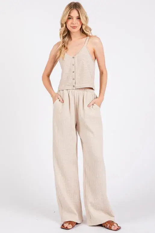 Gauze Waist Elastic Wide Leg Pants - NP70166B