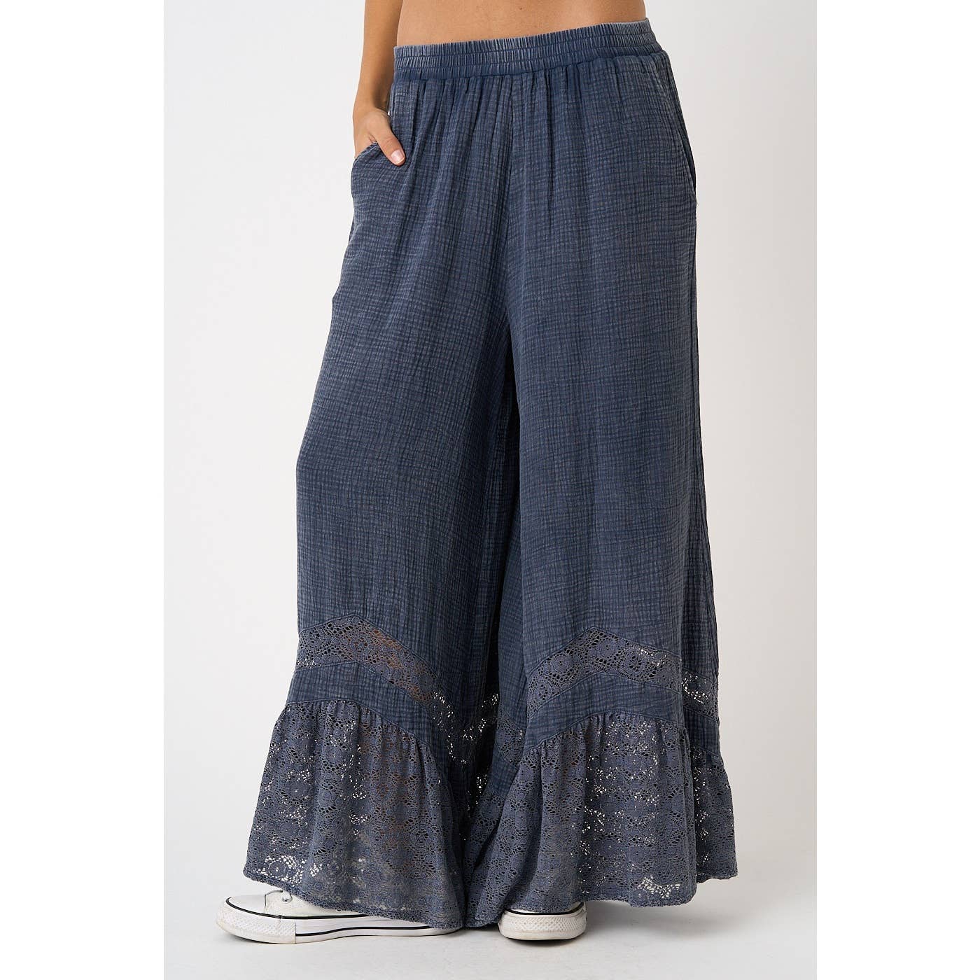LACE RUFFLE HEM ELASTIC WAIST WIDE LEG PANTS