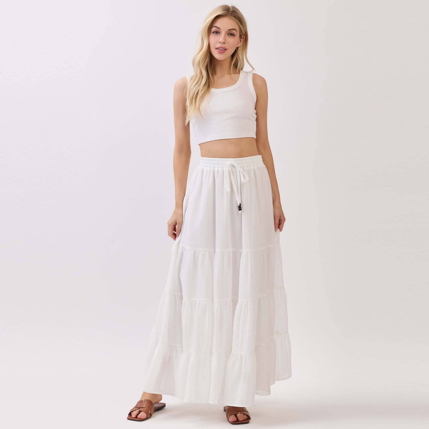 Tiered Coconut Tie Detail Maxi Skirt - VS3009