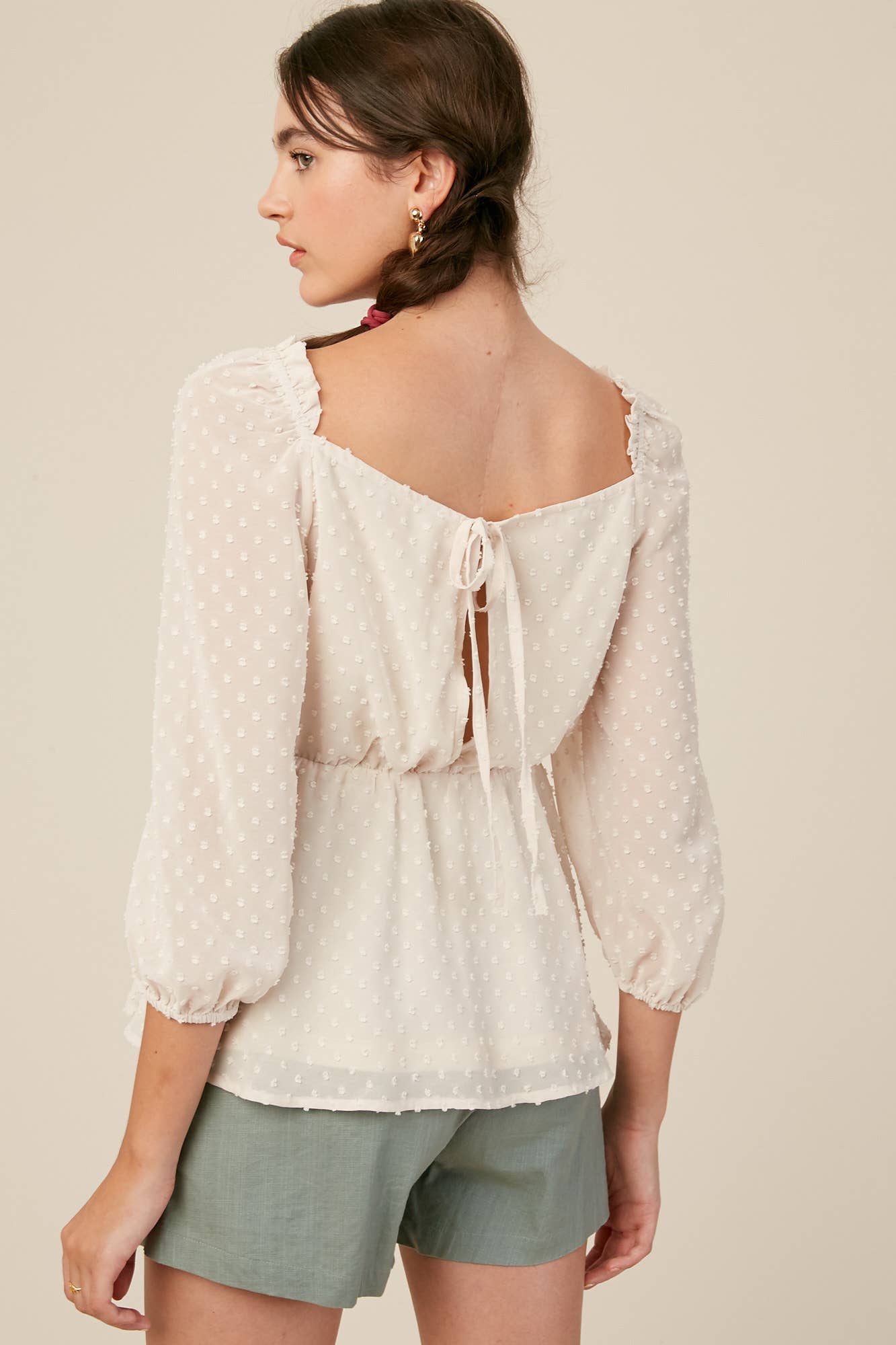 Swiss Dot Ruched Peplum Blouse