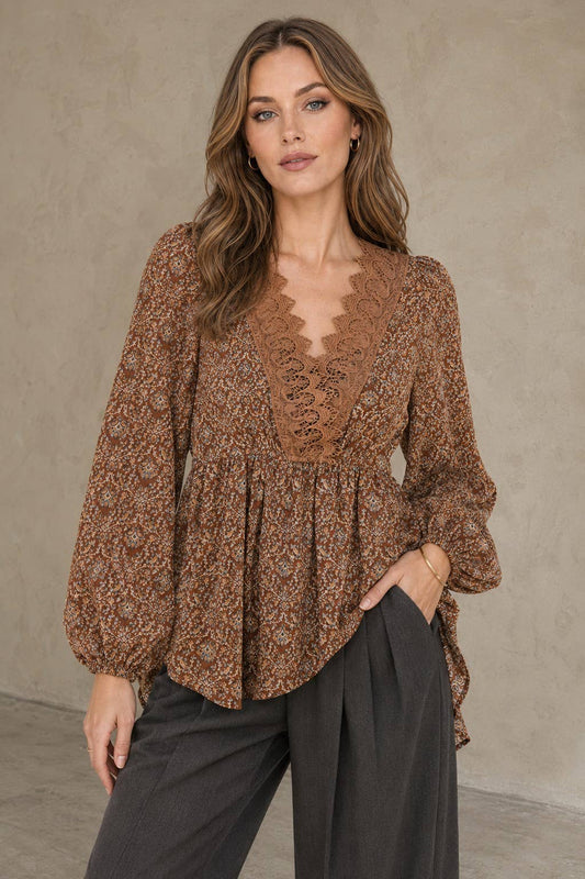 Boho Lace Trim Peasant Top