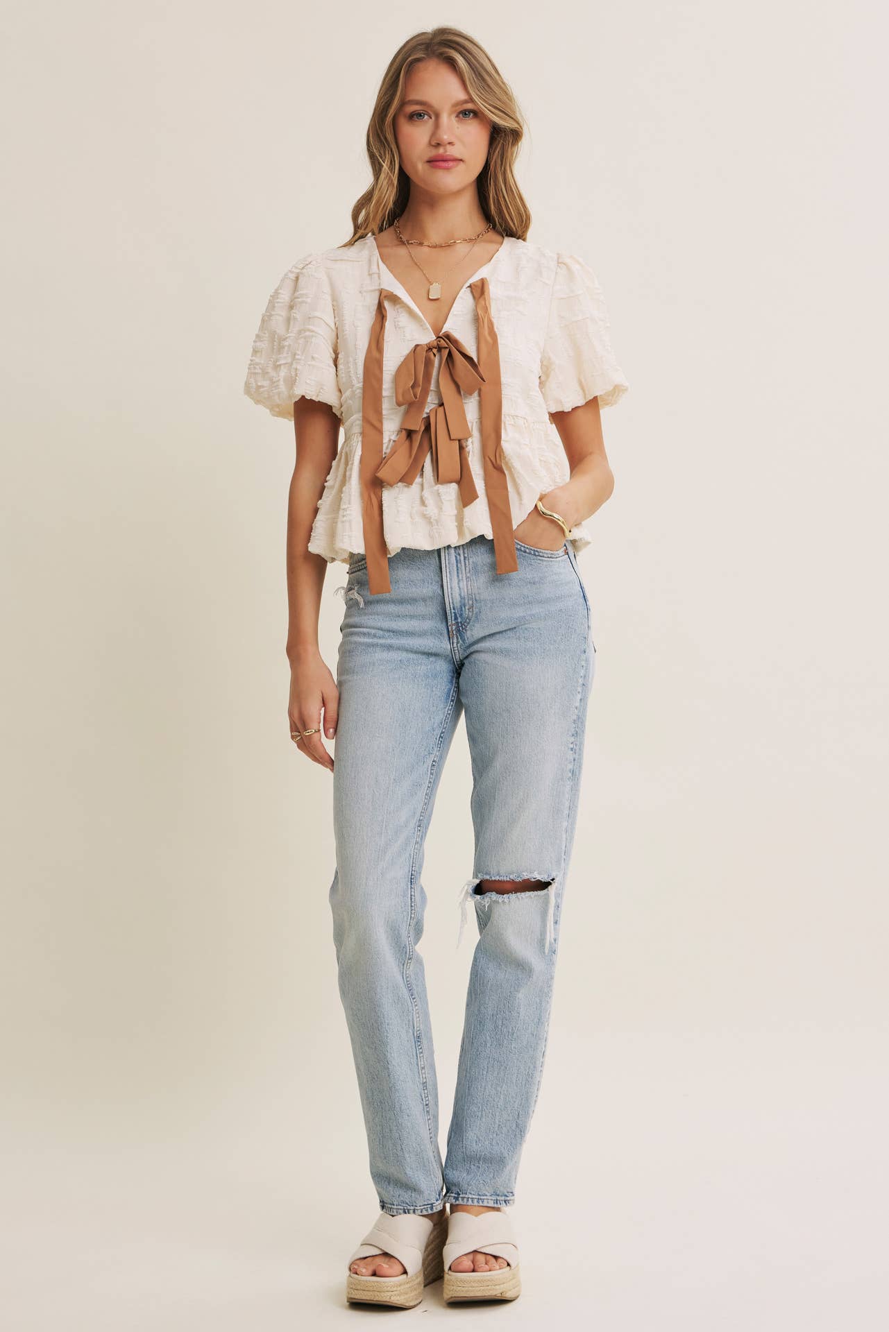 BUBBLE  BOW FRONT BABYDOLL BLOUSE