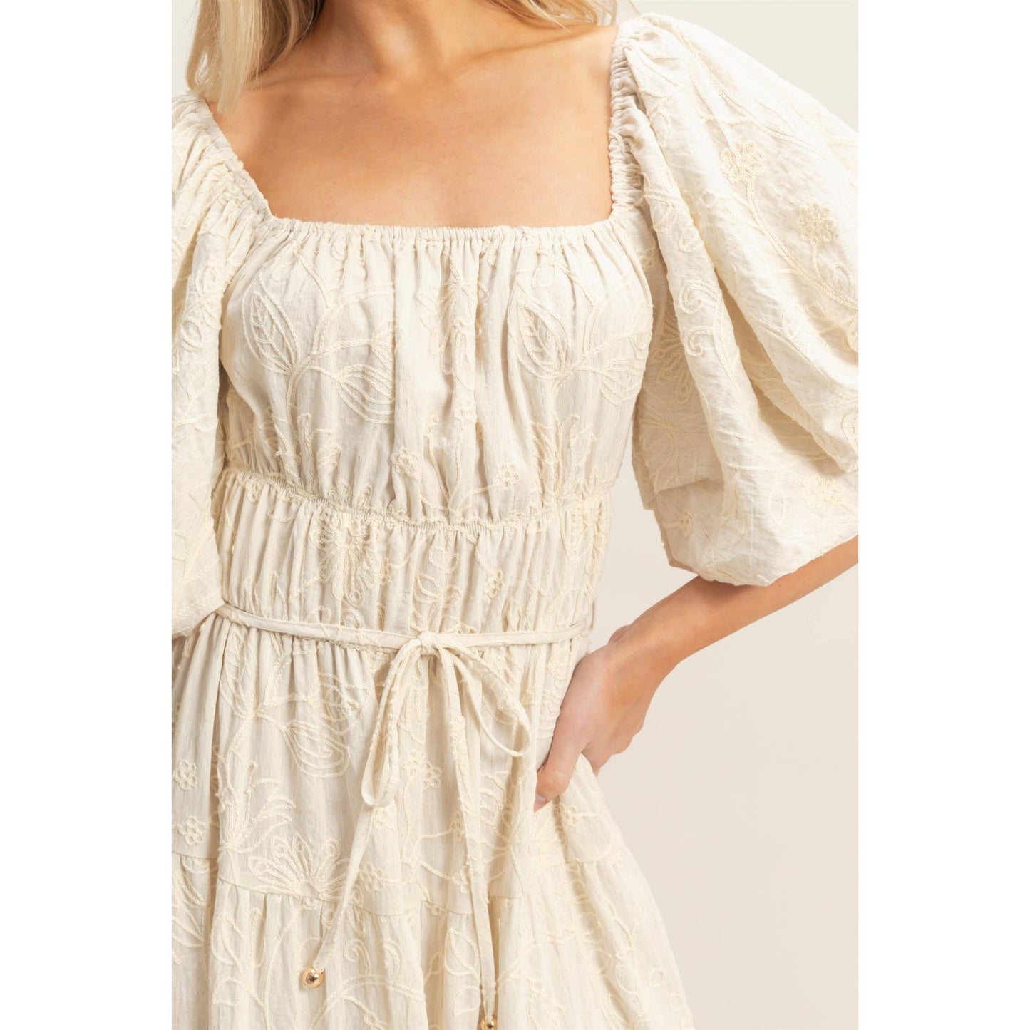 Floral Puff Sleeve Midi Dress: LIGHT BROWN / S-M-L(2-2-2)