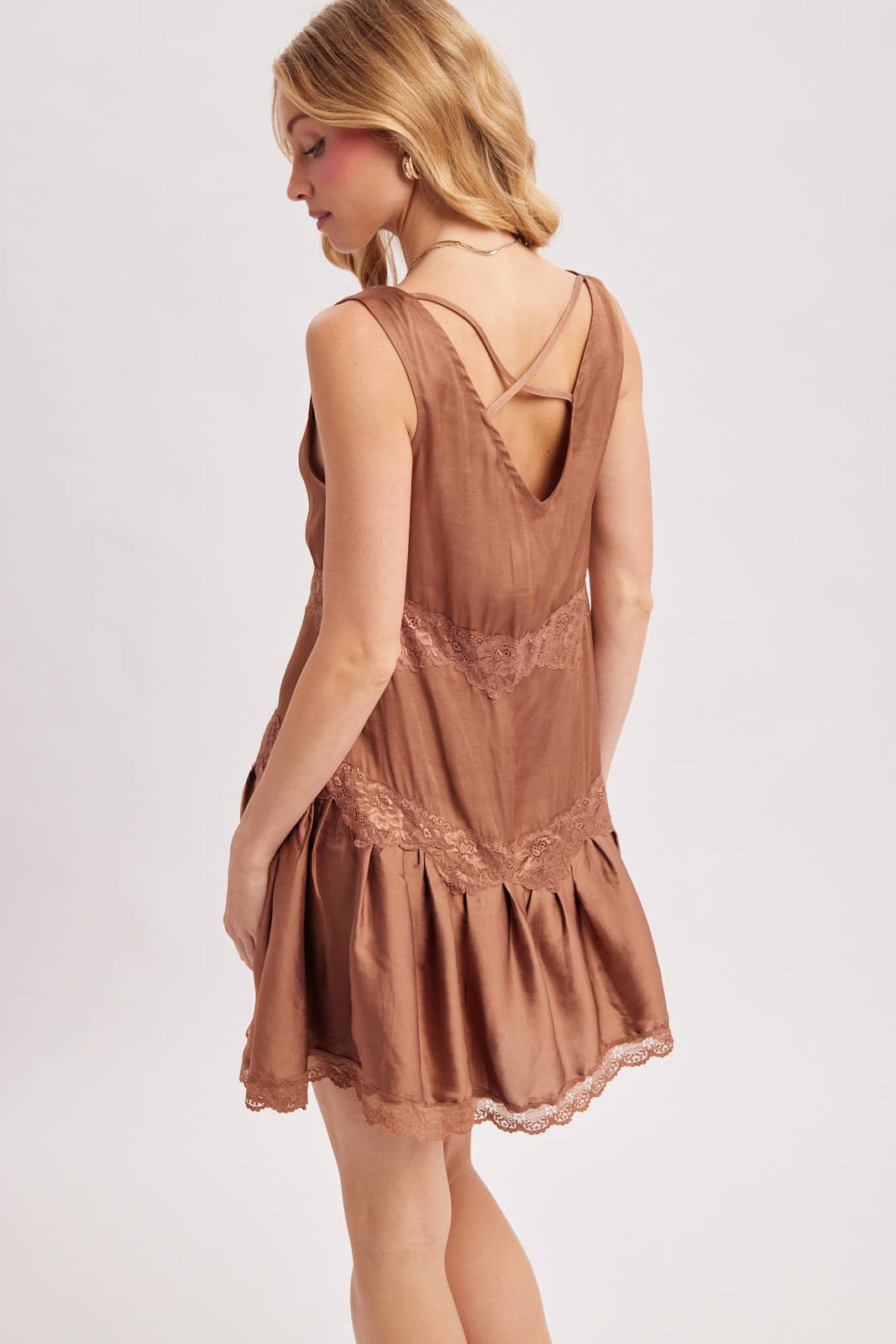 SATIN SLIP V-NECK LACE TRIMMED BABYDOLL MINI DRESS