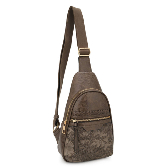 Jane Hibiscus Sling Bag, Vintage Tooled Vegan Leather Bag