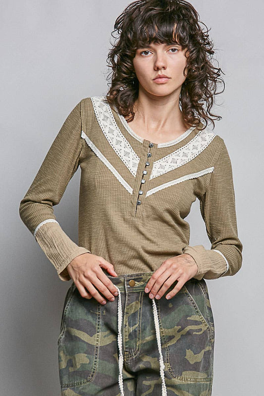 Long sleeve double gauze solid knit rib top