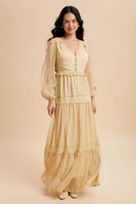FLORAL LACE PANELED MAXI DRESS