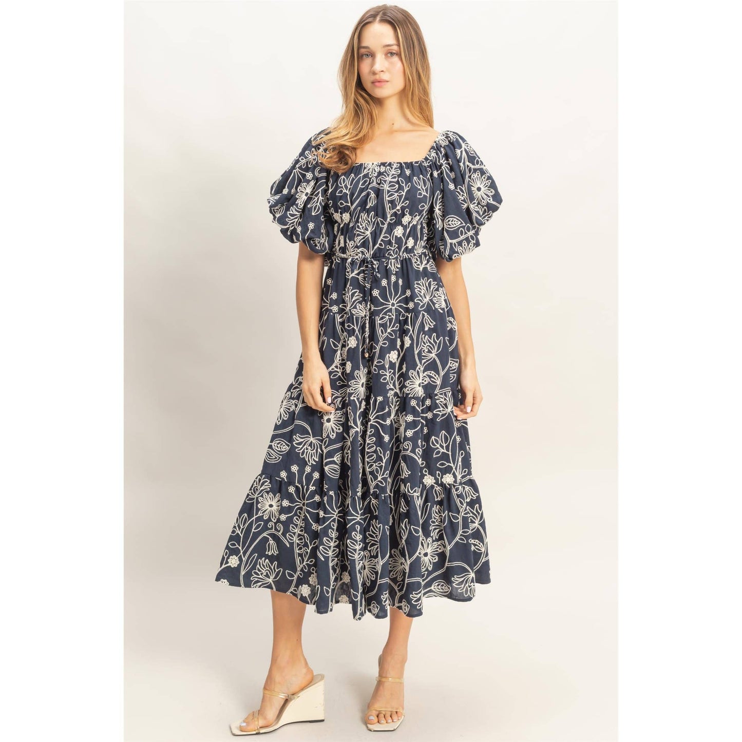 Floral Puff Sleeve Midi Dress: LIGHT BROWN / S-M-L(2-2-2)