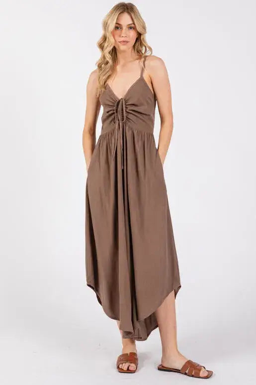 Woven Solid Front Ruched Midi Jumpsuit - VNJU60322