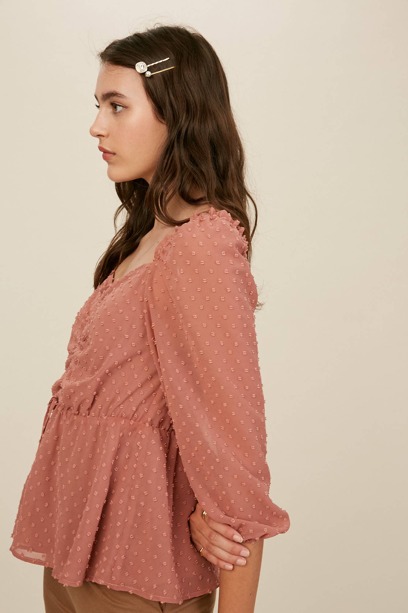 Swiss Dot Ruched Peplum Blouse