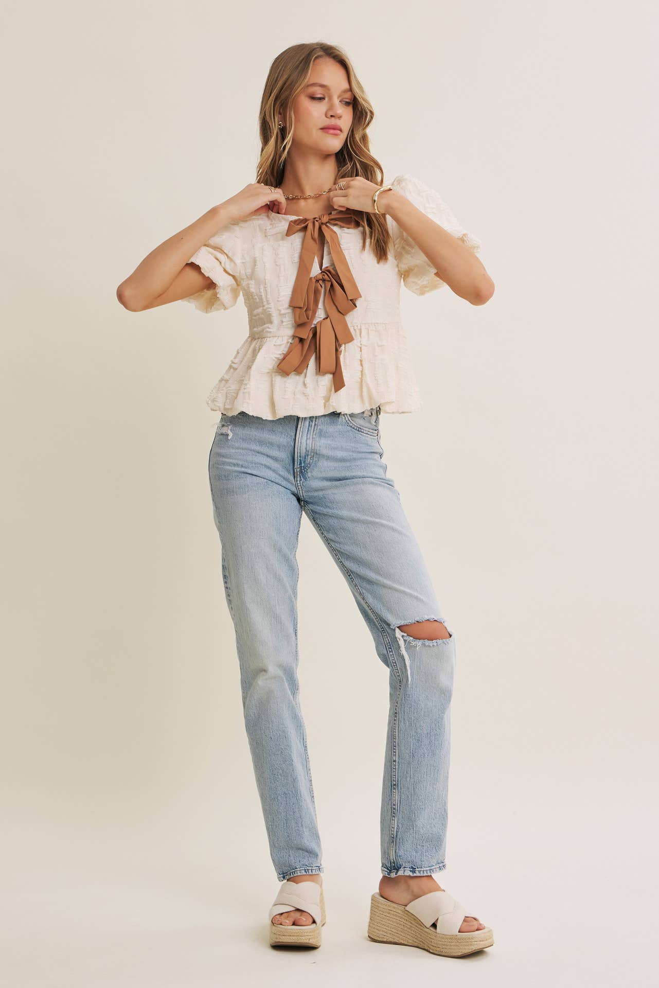 BUBBLE  BOW FRONT BABYDOLL BLOUSE