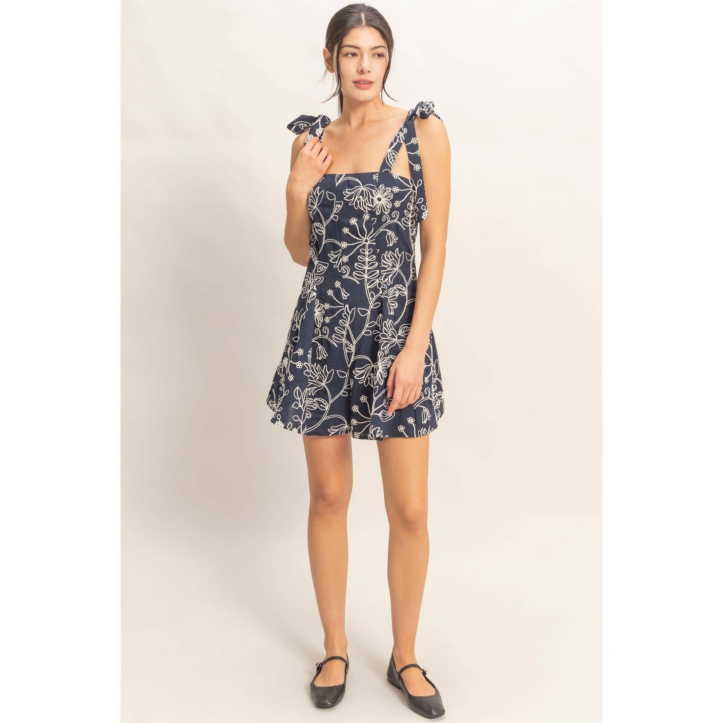 Floral Embroidery Tie-Strap Romper