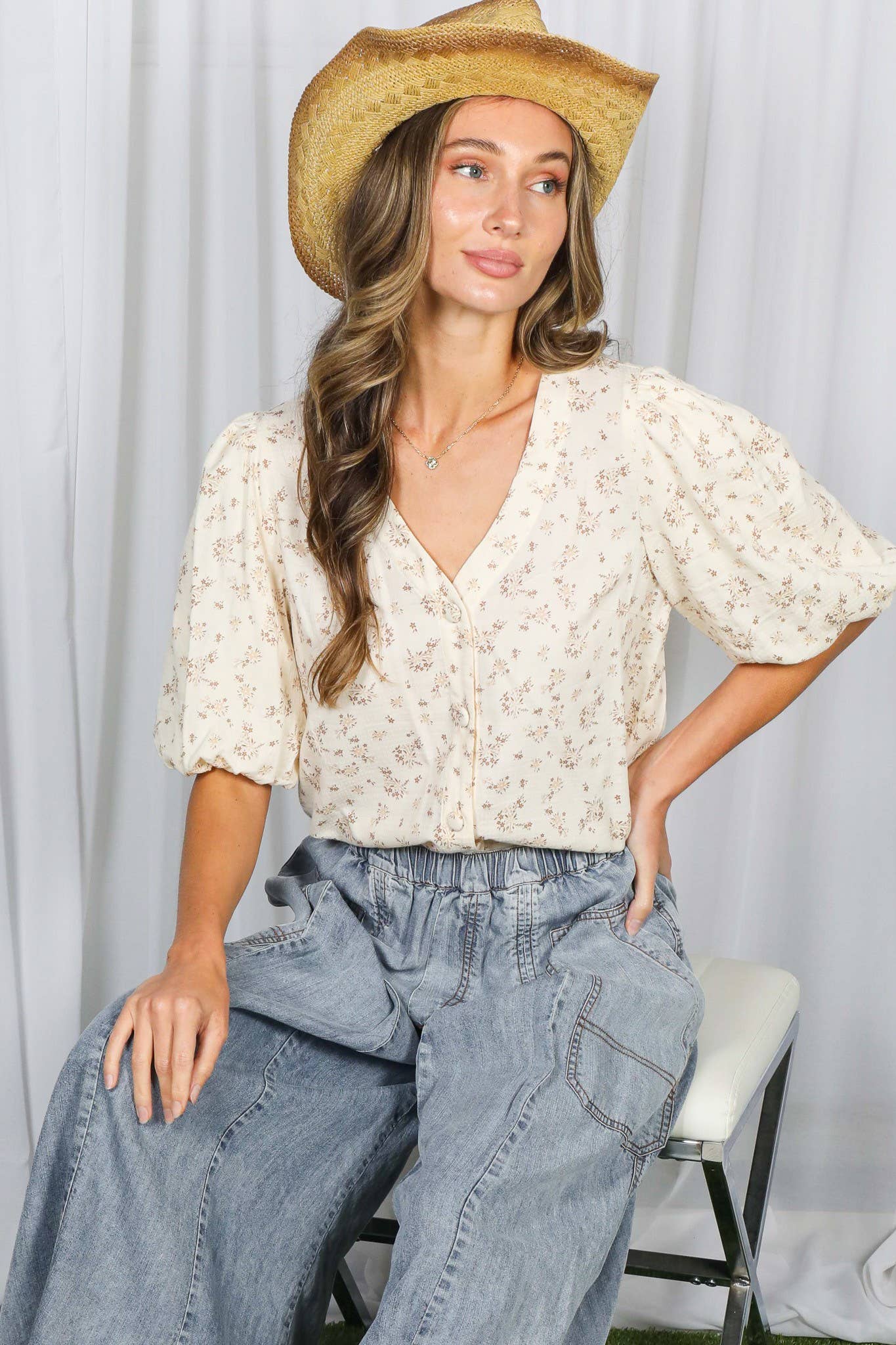 Bubble Sleeves Floral  Blouse