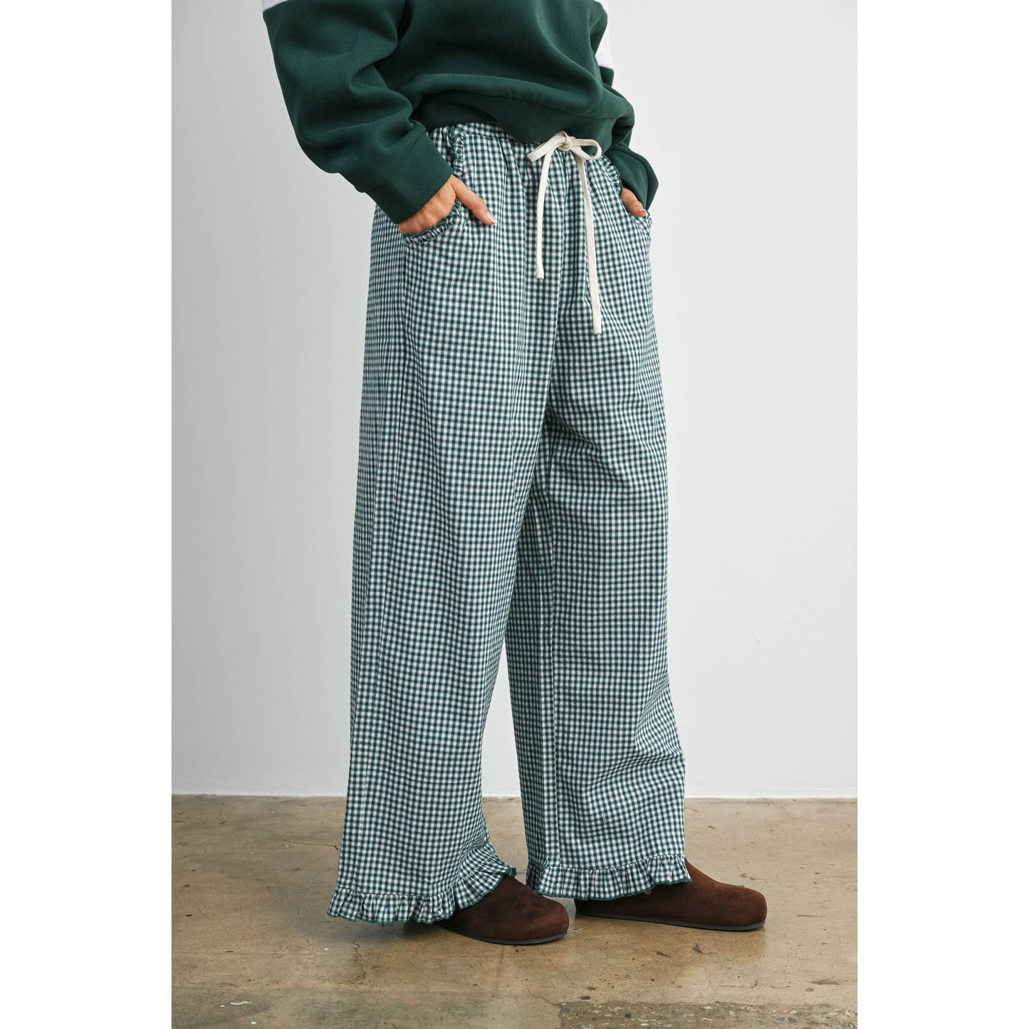 Women's Striped Ruffle Hem Cropped Pants- BMP8476