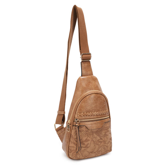 Jane Hibiscus Sling Bag, Vintage Tooled Vegan Leather Bag