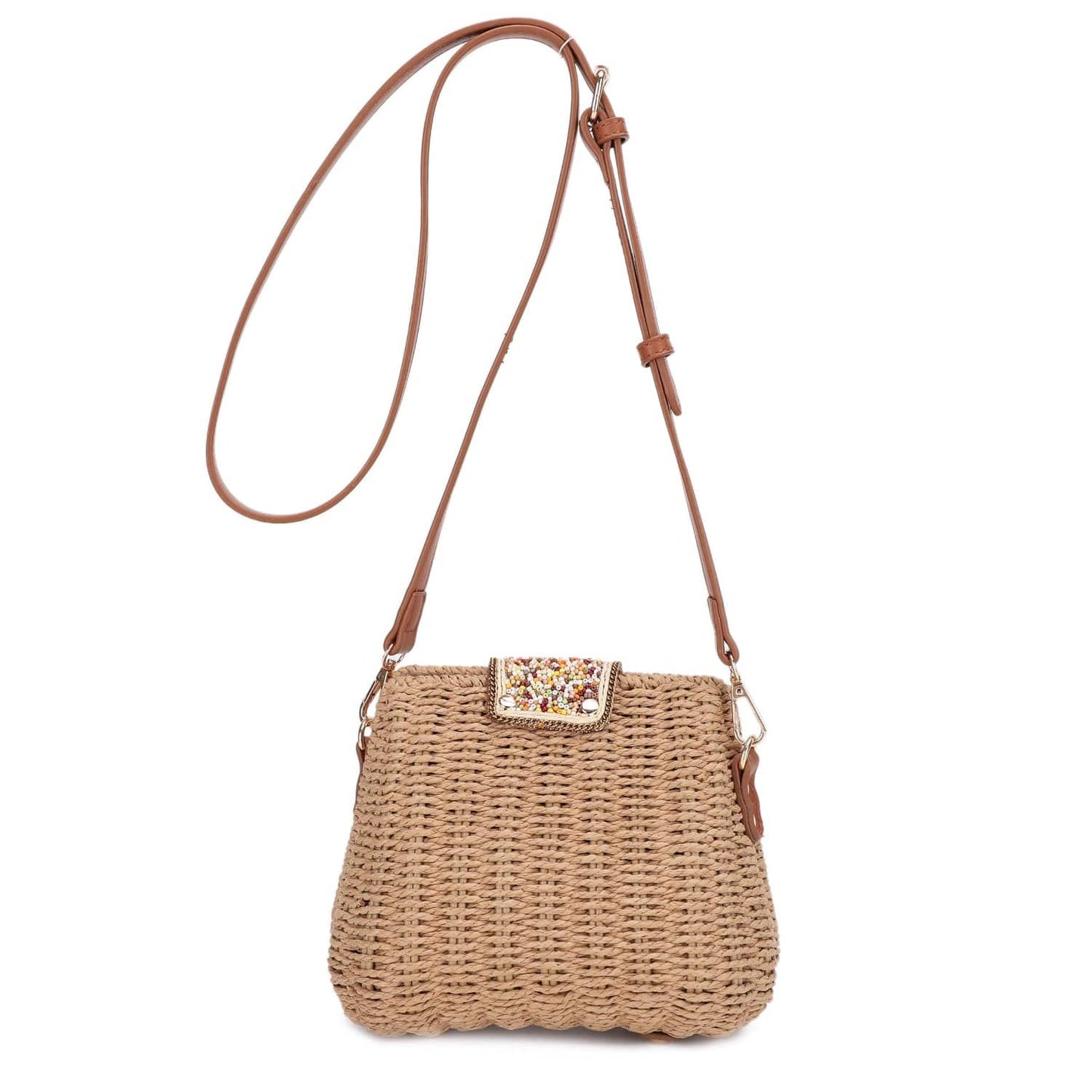 Straw Crossbody Bag Beaded Buckle