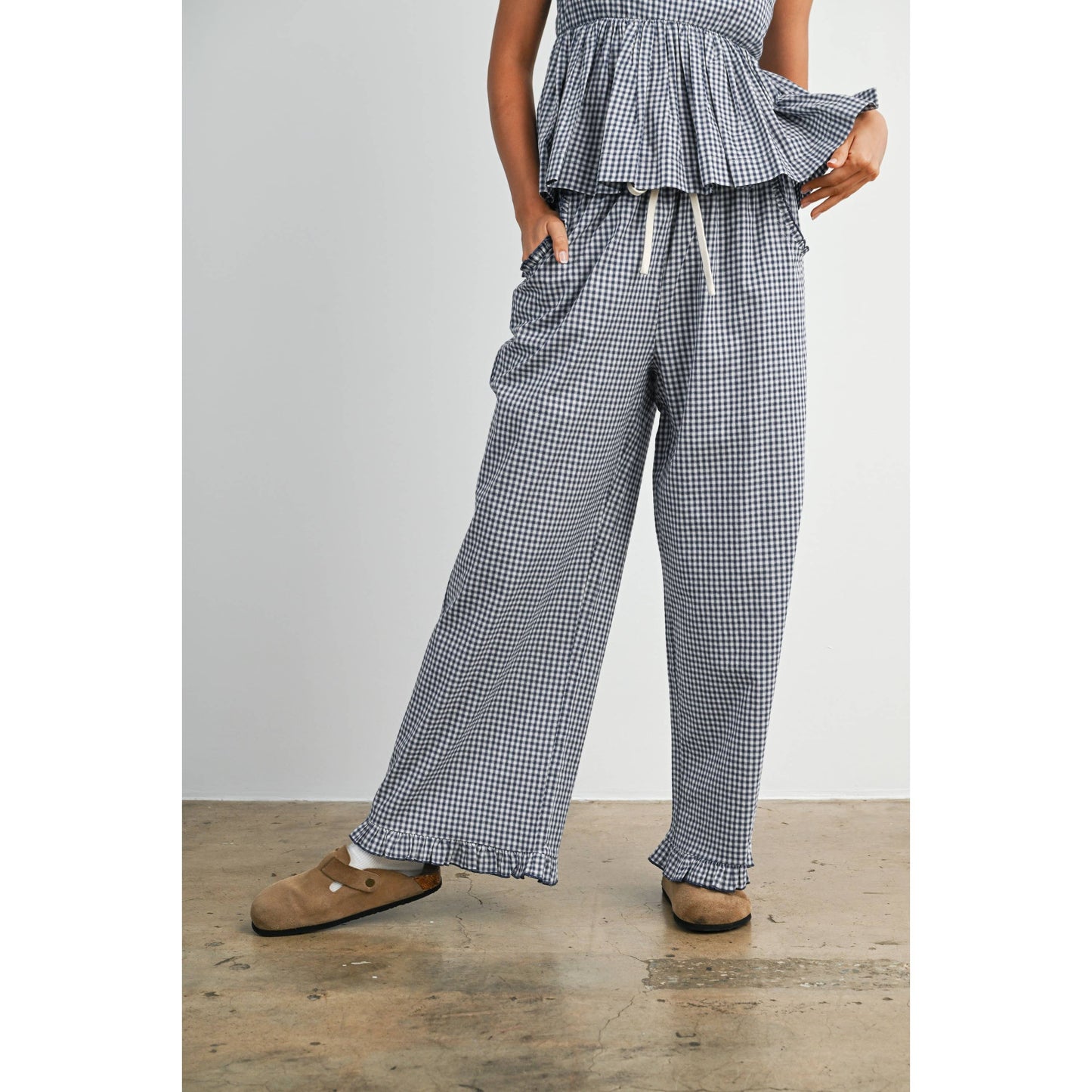 Women's Striped Ruffle Hem Cropped Pants- BMP8476