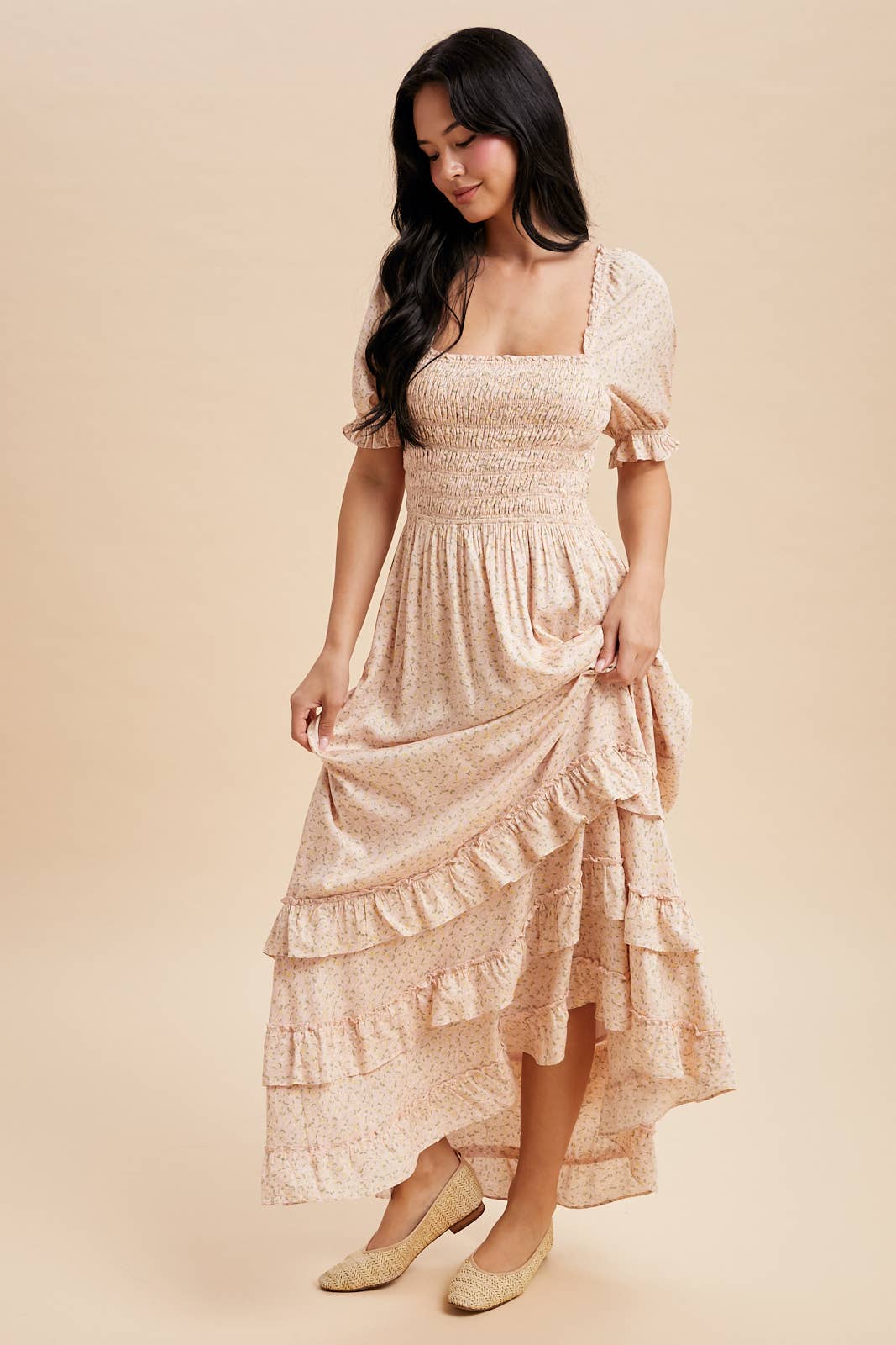 SMOCKED FLORAL MAXI DRESS